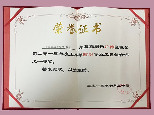 鄺洪根團(tuán)隊榮獲雅居樂2015年度上半年防水工程綜合評比一等獎 防水材料